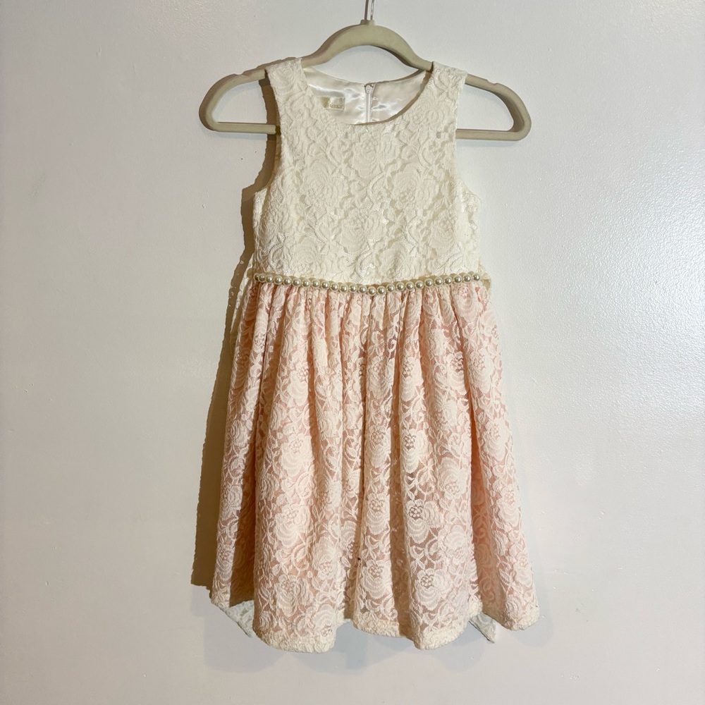 American Princess Cream & Pink Floral Lace Sleeveless Dress For Girls Size 10